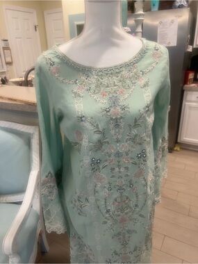 Embroidered Long-Sleeve Maxi Dress in Mint Green